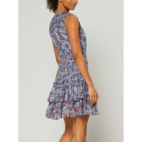 Current Air Dress Blue Smocked Waist Floral Mini V Neck Trumpet Boho Size Small - Picture 5 of 11